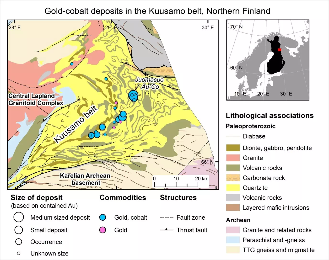Schematic geological map of the Kuusamo region with its mineral deposits