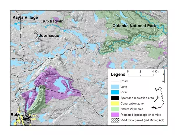 Map of the Kuusamo region, showing the Juomasuo gold-cobalt mine project areas, Ruka resort and Oulanka National Park (Eerola 2022).